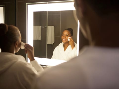 Shower, rainfall showerhead, eco-friendly toiletries, hair dryer