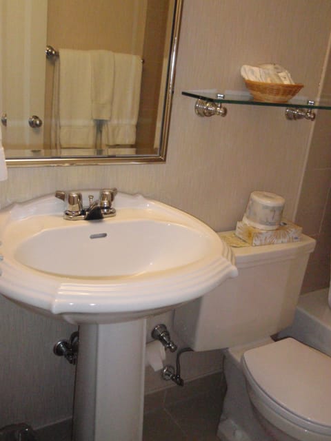 Combined shower/tub, free toiletries, hair dryer, towels