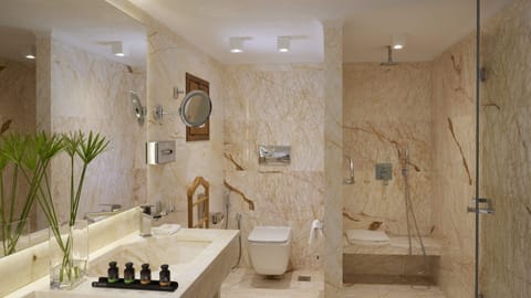 Combined shower/tub, jetted tub, designer toiletries, hair dryer