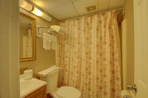 Combined shower/tub, hair dryer, towels