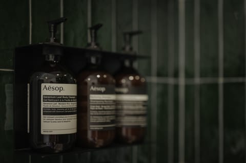 Designer toiletries, hair dryer, towels