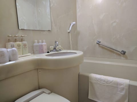 Combined shower/tub, free toiletries, hair dryer, slippers