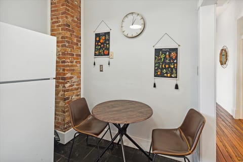 The kitchen has a dining area for two.

