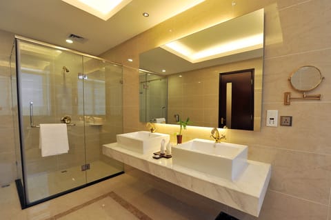 Executive Suite | Bathroom | Rainfall showerhead, designer toiletries, hair dryer, bathrobes