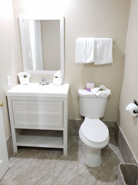Combined shower/tub, free toiletries, towels