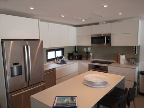 Deluxe Condo | Private kitchen | Full-size fridge, microwave, oven, dishwasher