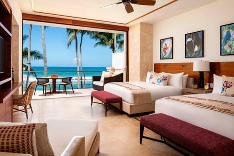 Room, Multiple Beds, Beachfront (West Beach Ocean, 2 King Beds) | Minibar, in-room safe, desk, iron/ironing board