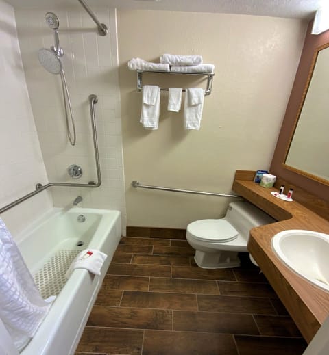 Room, 2 Queen Beds, Accessible, Non Smoking | Bathroom | Combined shower/tub, hydromassage showerhead, free toiletries