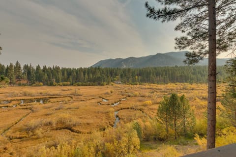 - Scenic meadow and mountain peak views
- Tall pines and winding stream backdrop
- Tahoe vacation rental with nature scenery