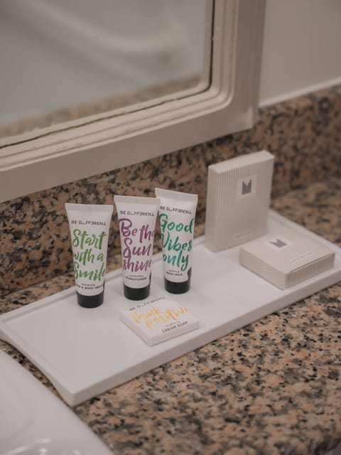 Combined shower/tub, free toiletries, hair dryer, towels