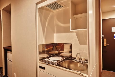 Mini-fridge, microwave, electric kettle