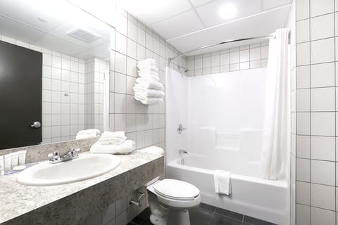 Combined shower/tub, free toiletries, hair dryer, towels