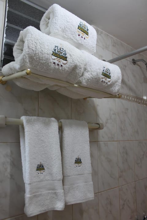 Separate tub and shower, hair dryer, towels, soap