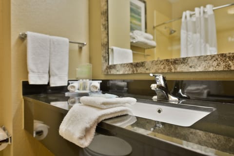 Combined shower/tub, free toiletries, hair dryer, towels