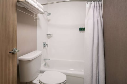 Combined shower/tub, free toiletries, hair dryer, towels