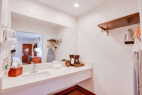 Designer toiletries, hair dryer, towels, soap