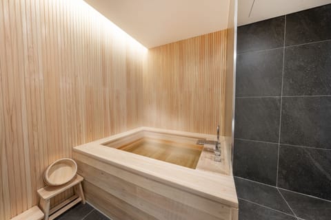 Deluxe Hinoki bath Double - Free Breakfast for 2 (Rice Noodle) Room is larger than most in Busan | Bathroom | Designer toiletries, hair dryer, bathrobes, slippers