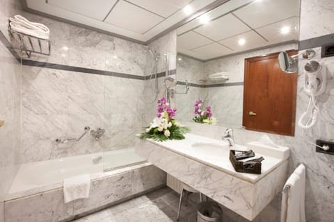 Combined shower/tub, designer toiletries, hair dryer, bidet