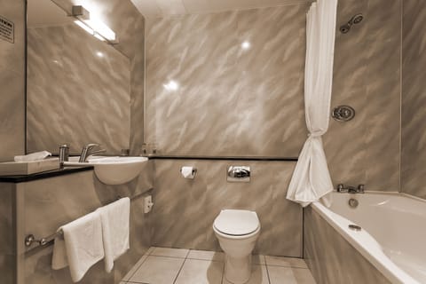 Combined shower/tub, free toiletries, hair dryer, towels