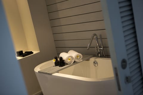 Separate tub and shower, designer toiletries, hair dryer, bathrobes