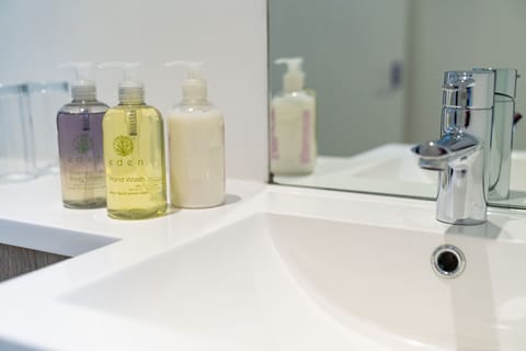 Hair dryer, towels, soap, shampoo