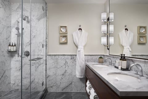 Harbor King | Bathroom | Designer toiletries, hair dryer, bathrobes, slippers