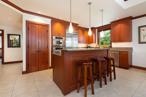 Kitchen island with seating for three.