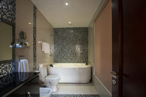 Apartment, City View | Bathroom | Deep soaking tub, hair dryer, bathrobes, slippers