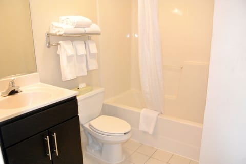 Combined shower/tub, free toiletries, hair dryer, towels