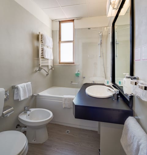 Combined shower/tub, free toiletries, hair dryer, bathrobes