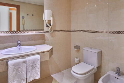 Combined shower/tub, hair dryer, bathrobes, bidet