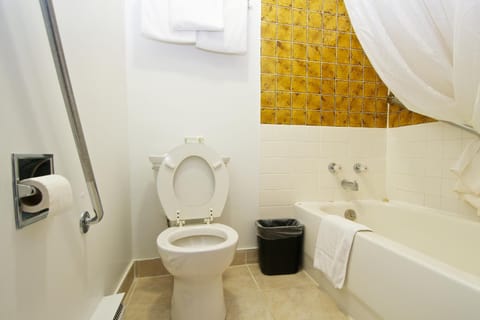 Combined shower/tub, free toiletries, hair dryer, towels