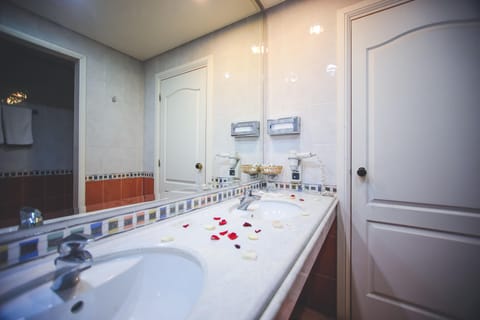 Combined shower/tub, free toiletries, hair dryer, bidet