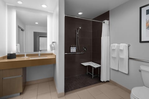 Room, 1 King Bed, Accessible (Shower) | Bathroom | Shower, designer toiletries, hair dryer, towels