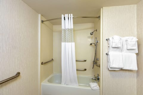 Combined shower/tub, free toiletries, hair dryer, towels