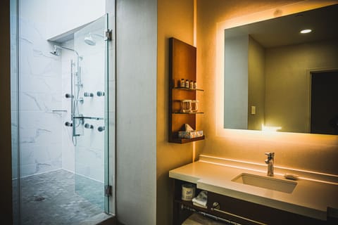 Desk, laptop workspace, blackout drapes, iron/ironing board