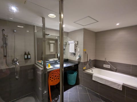 Separate tub and shower, rainfall showerhead, hair dryer, towels