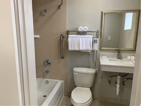 Combined shower/tub, free toiletries, hair dryer, towels