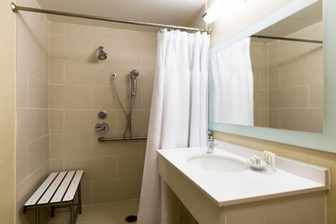 Combined shower/tub, free toiletries, hair dryer, towels