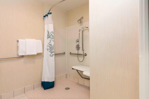 Combined shower/tub, free toiletries, hair dryer, towels