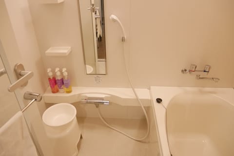 Combined shower/tub, free toiletries, hair dryer, slippers