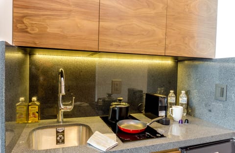 Suite estudio ejecutiva H | Private kitchenette | Stovetop, dishwasher, cookware/dishes/utensils