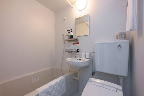 Combined shower/tub, hair dryer, slippers, electronic bidet