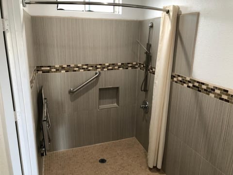 Combined shower/tub, free toiletries, hair dryer, towels