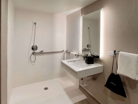 Standard Room, 1 King Bed, Accessible, Non Smoking (Roll-In Shower) | Bathroom | Shower, hair dryer, towels