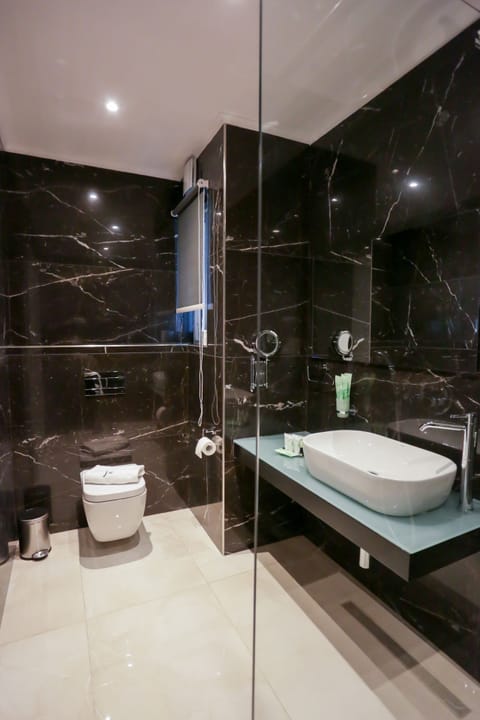 Deluxe Double Room (Grey) | Bathroom | Shower, free toiletries, hair dryer, bathrobes