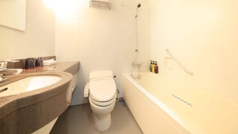 Combined shower/tub, free toiletries, slippers, electronic bidet