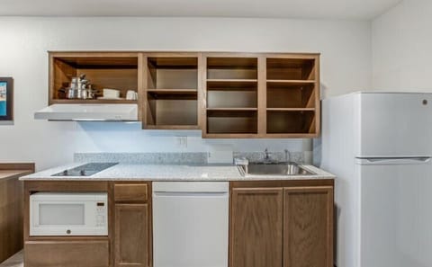 Full-size fridge, microwave, stovetop