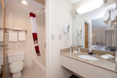 Combined shower/tub, hair dryer, towels, soap