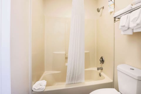 Combined shower/tub, free toiletries, hair dryer, towels